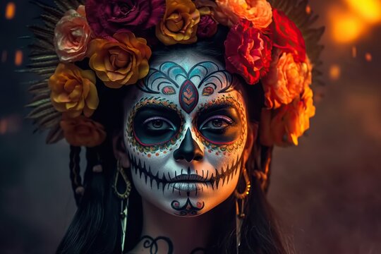 Day of the dead in Mexico. Close-up portrait of woman with skull face make up. Dia de Muertos. Generative AI