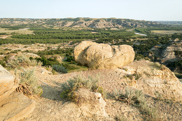 Norther Great Plains rocky landscape at sunset in Theodore Roosevelt National Park North Dakota.