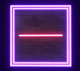 Neon frame on concrete wall with shelf background. Laser dark 3d render flare of cyberpunk 80s. Digital square billboard with with lines of purple. Futuristic electric advertising synthwave