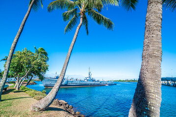 USA, HAWAII - June 23, 2022: USS Bowfin Submarine and Admiral Clarey Bridge, also known as the Ford Island Bridge in Pearl Harbor