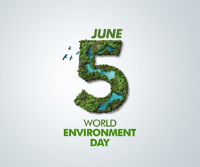 Fototapeta Beat plastic pollution - World Environment day 2023 concept 3d design. Happy Environment day, 05 June. World map with Environment day text 3d background illustration.  obraz