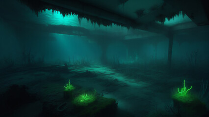 Ancient underwater city ruins, ocean scene, generative AI