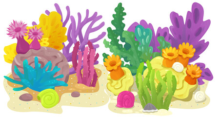 Obraz na płótnie Canvas cartoon scene with coral reef with swimming cheerful fish isolated element illustration for children