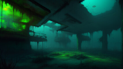 Ancient underwater city ruins, ocean scene, generative AI