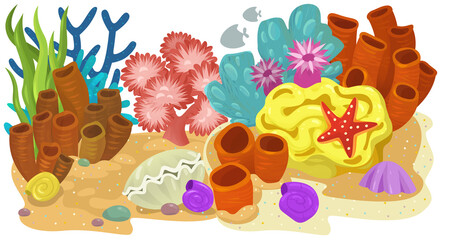 cartoon scene with coral reef with swimming cheerful fish isolated element illustration for children