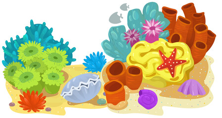 cartoon scene with coral reef with swimming cheerful fish isolated element illustration for children