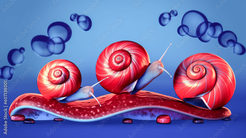 Poster an illustration of blue snails on a red background was created - generative ai.