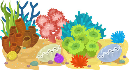 cartoon scene with coral reef with swimming cheerful fish isolated element illustration for children