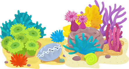 cartoon scene with coral reef with swimming cheerful fish isolated element illustration for children