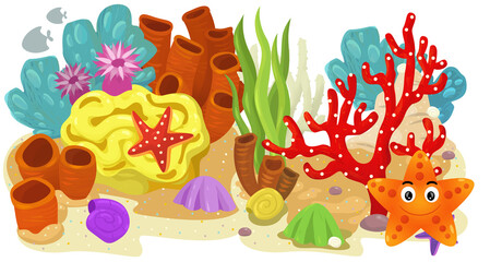 cartoon scene with coral reef with swimming cheerful fish isolated element illustration for children