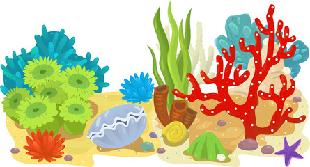 cartoon scene with coral reef with swimming cheerful fish isolated element illustration for children