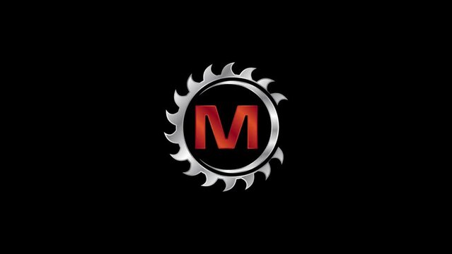 English alphabet M with the saw blade. Carpentry, woodworking logo video animation. 