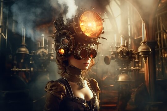 Fashion portrait of beautiful steampunk woman wearing vintage glasses and made of gears cylinder hat. Generative AI