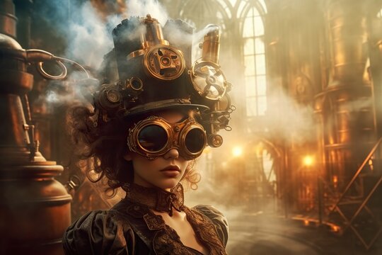 Fashion portrait of beautiful steampunk woman wearing vintage glasses and made of gears cylinder hat. Generative AI