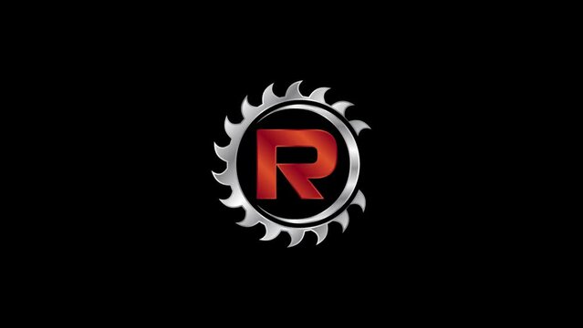 English alphabet R with the saw blade. Carpentry, woodworking logo video animation. 