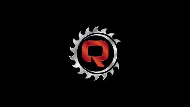 Creative metallic saw blade logo animation reveals letter Q on dark background 4K stock footage