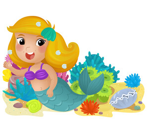 cartoon scene with coral reef with swimming mermaid girl princess isolated element illustration for kids