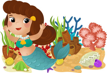 cartoon scene with coral reef with swimming mermaid girl princess isolated element illustration for kids
