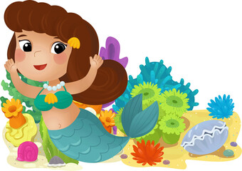cartoon scene with coral reef with swimming mermaid girl princess isolated element illustration for kids