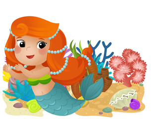 cartoon scene with coral reef with swimming mermaid girl princess isolated element illustration for kids