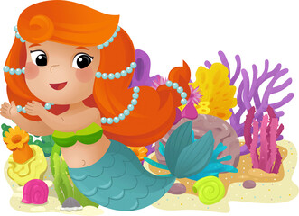 cartoon scene with coral reef with swimming mermaid girl princess isolated element illustration for kids