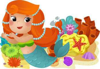 cartoon scene with coral reef with swimming mermaid girl princess isolated element illustration for kids
