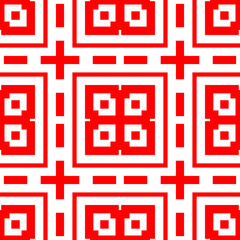 Red repeated figures on white background. Seamless surface pattern design with symmetrical squares, rectangles and crosses ornament. Polygons wallpaper. Geometrical motif. Digital paper.
