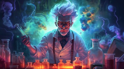 Mad scientist or crazy professor character in science lab. Generative AI - obrazy, fototapety, plakaty