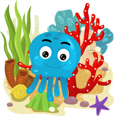 cartoon scene with coral reef with swimming octopus or gelly fish isolated element illustration for kids