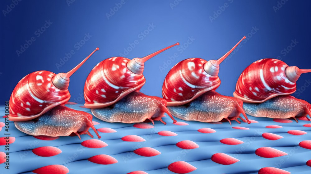 Poster blue snails on a red background were illustrated using generative ai - generative ai