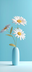 Bouquet of white daisies in vase on a blue background, Generative AI