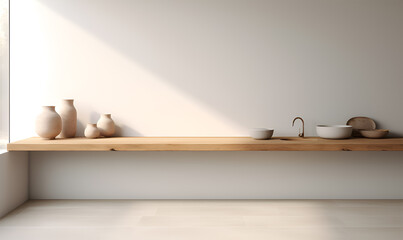 Mockup para bodegón de producto. Minimal. Estilo nórdico. Escandinavo. Maderas. Blancos. Bodegón. Jarrón. Generado con IA.