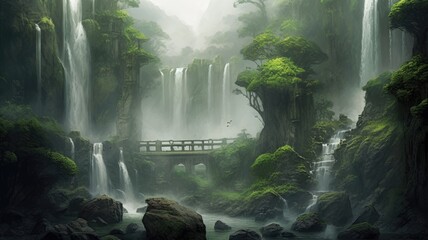 waterfall in a foggy environment. Generative AI