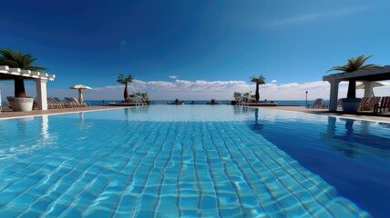 Fototapeta na wymiar wide angle view of seaside swimming pool. Generative AI