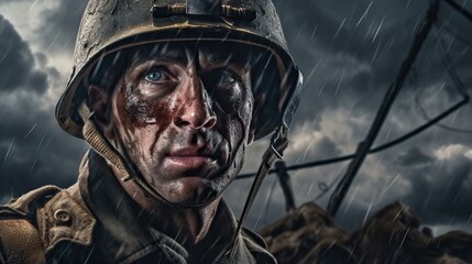 Portrait of ww2 soldier under the rain. World War II. Generative AI