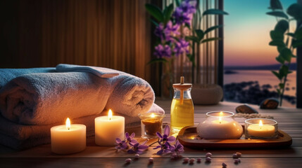 Fototapeta na wymiar Spa still life with candles, sea view, towels and flowers.