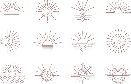 Line boho moon and sun icons. Outline gypsies sunburst design, bohemian symbols. Sunset, yoga logo or tattoo template neoteric vector elements