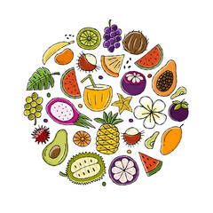 Tropical fruits collection. Circle shape background for your design.