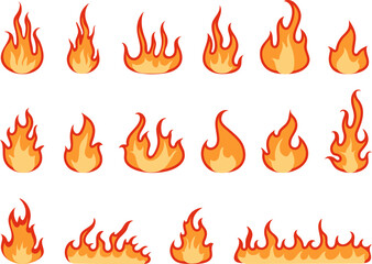 Isolated flat fire flame. Heat fires, hot cartoon logo elements. Heating collection, forest wildfire decorative abstract decent vector symbols