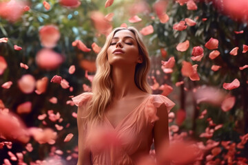 Obraz na płótnie Canvas A blonde woman in a pink dress surrounded by pink petals, in the style of ethereal images. Generative AI