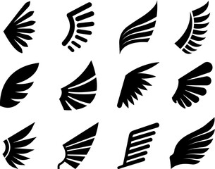 Isolated wings black icons, winged logo graphic element. Abstract success or fashion design, army badges minimal emblems decent vector set