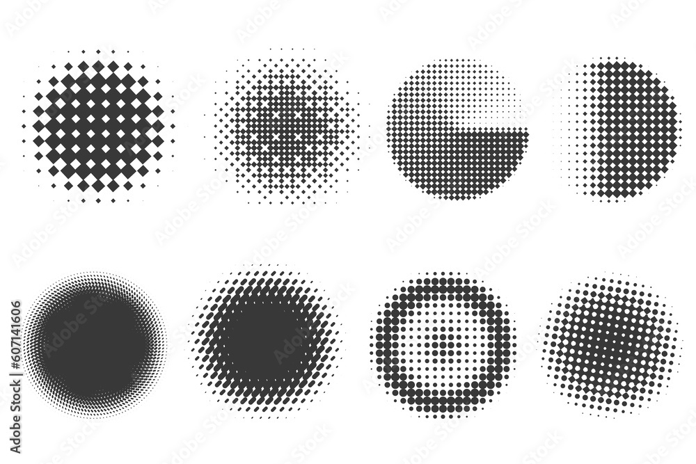 Poster circle dots with halftone pattern. round gradient background. elements with gradation points texture