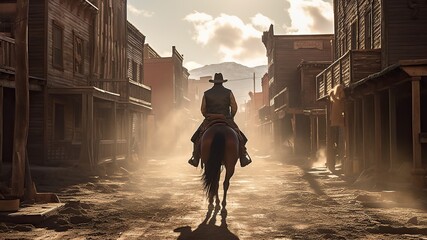 Back view of cowboy riding on a horse, western movie scene in wild west town. Generative AI