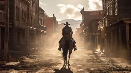 Selbstklebende Fototapeten Back view of cowboy riding on a horse, western movie scene in wild west town. Generative AI © iridescentstreet