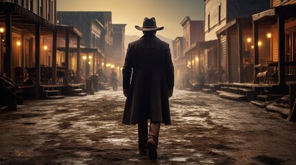 Back view of cowboy, western movie scene in wild west town. Generative AI - obrazy, fototapety, plakaty