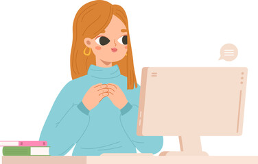 Young girl chatting on computer. Thinking adult woman, student online studying or training. Freelance work, woman in office vector scene