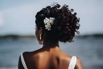 An African American Bride Stands With Her Back, Wedding Hairstyle for Black Women: AI Generated Image - obrazy, fototapety, plakaty