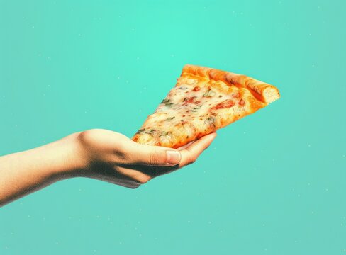 Hand Holding Slice Of Cheese Pizza Cut In Slices Created With Generative AI Technology