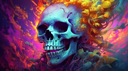 Skull concept psychedelic digital art. Skull on colored creative abstract background. Colorful illustration of skull.
