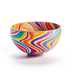 Illustration of a single ceramic bowl painted with colorful paint on a white background, beautiful pottery. Generative Ai.